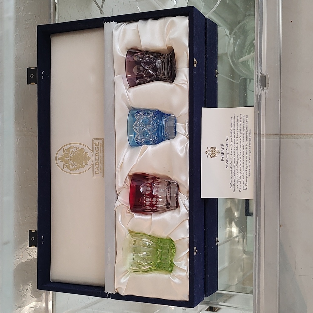 Faberge Vodka Shot Glasses with Original Branded Blue Velvet Padded Box and Card
